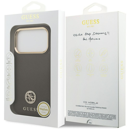 Guess Grained Strass Logo MagSafe - Etui iPhone 17 Pro (brązowy)