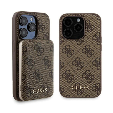 Guess Bundle Pack MagSafe 4G Metal Gold Logo - Zestaw etui + Power Bank 5000mAh MagSafe iPhone 15 Pro (brązowy)