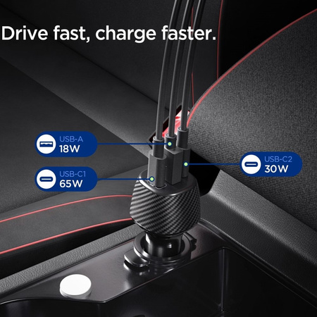 Spigen Essential EV1133 - Ładowarka samochodowa 2x USB-C PD & USB-A QC3.0 113W + Kabel 100W USB-C 1 m (Black)