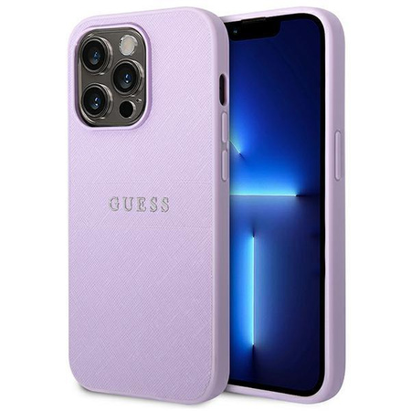 Guess Saffiano Metal Logo Stripes - Etui iPhone 14 Pro Max (liliowy)