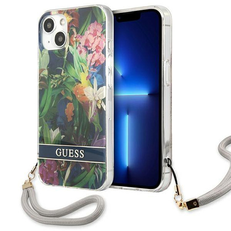 Guess Flower Cord - Etui ze smyczką iPhone 13 (Blue)