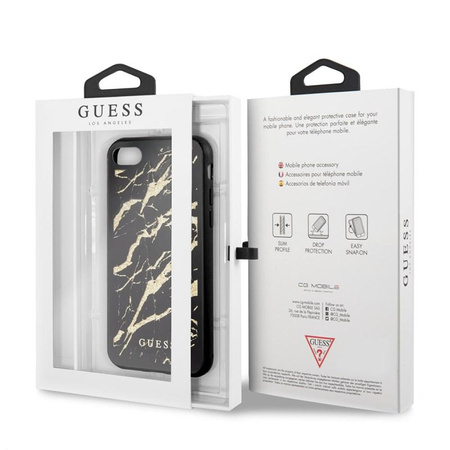 Guess Marble Glass Gold Glitter - Etui iPhone SE 2020 / 8 / 7 (Czarny)