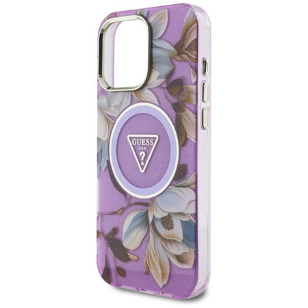 Guess Glitter Flowers Triangle Buttons MagSafe - Etui do iPhone 16 Pro (fioletowy)