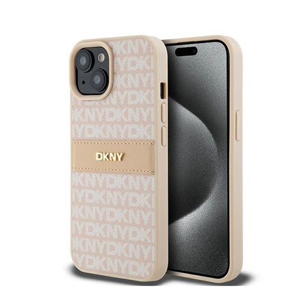 DKNY Leather Mono Stripe & Metal Logo - Etui iPhone 15 Plus / 14 Plus (różowy)