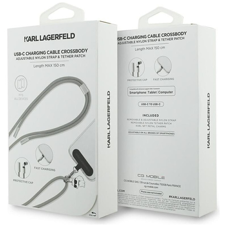 Karl Lagerfeld Crossbody Strap Choupette Charm - Uniwersalny pasek do telefonu / kabel USB-C do USB-C 1.5m (szary)