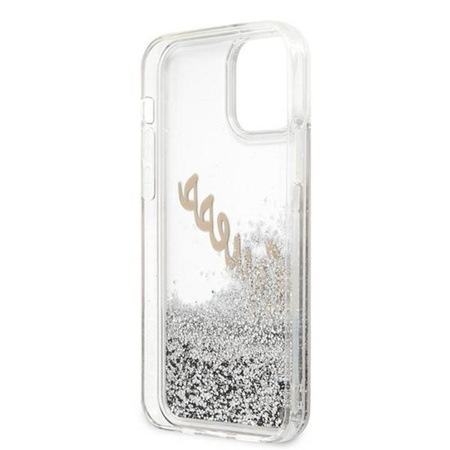 Guess Glitter Vintage Script - Etui iPhone 12 / iPhone 12 Pro (srebrny)