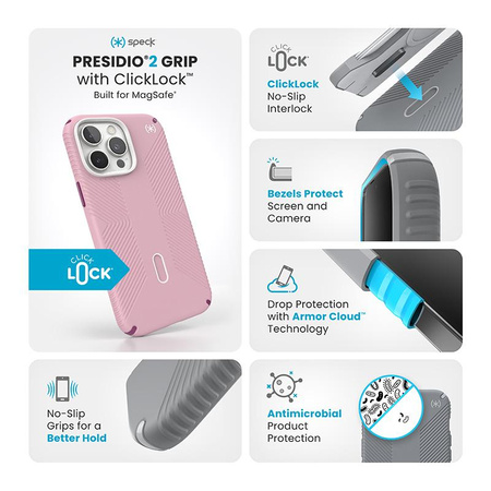 Speck Presidio2 Grip ClickLock & MagSafe - Etui iPhone 16 Pro Max (Wednesday Pink / Boysenberry Purple / White)