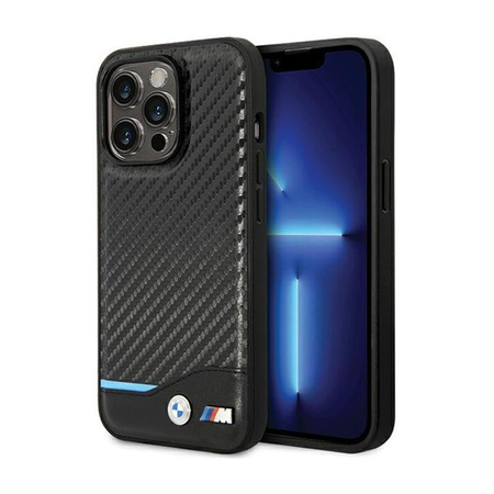 BMW Leather Carbon Blue Line - Etui iPhone 13 Pro Max (Czarny)