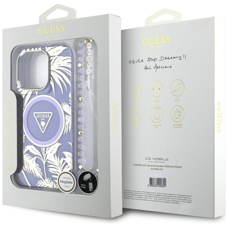 Guess Palm Trees Triangle Pearl Strap MagSafe - Etui do iPhone 16 Pro Max (fioletowy)