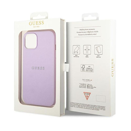 Guess Saffiano Metal Logo Stripes - Etui iPhone 14 Plus (liliowy)