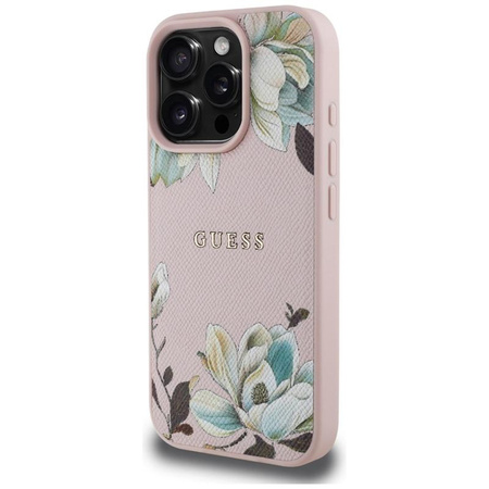Guess Grained Printed Flower Pattern MagSafe - Etui do iPhone 16 Pro (różowy)