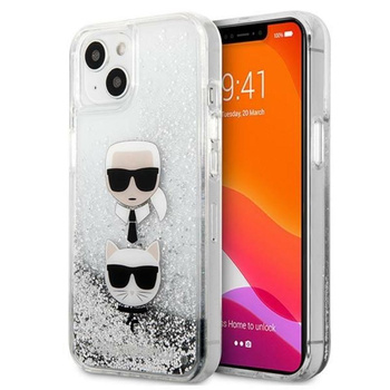 Karl Lagerfeld Liquid Glitter Karl & Choupette Head - Etui iPhone 13 (srebrny)