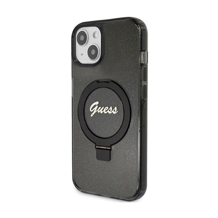 Guess Ring Stand Script Glitter MagSafe - Etui iPhone 15 (czarny)