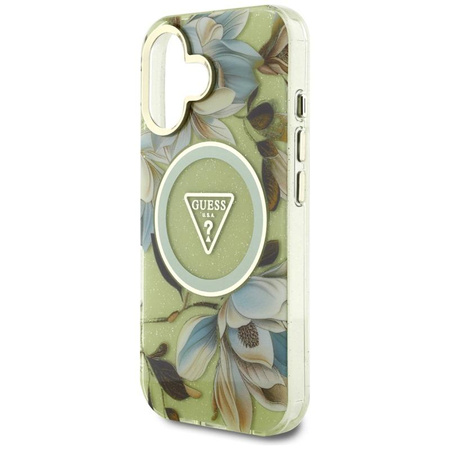 Guess Glitter Flowers Triangle Buttons MagSafe - Etui do iPhone 16 zielony