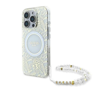 Guess IML Flowers Allover Electro With Pearl Strap MagSafe - Etui iPhone 16 Pro Max (biały)