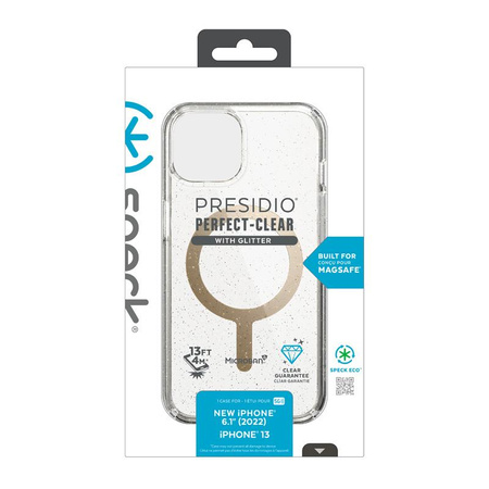Speck Presidio Perfect-Clear with Glitter + MagSafe - Etui iPhone 14 / iPhone 13 z powłoką MICROBAN (Clear / Gold Glitter)