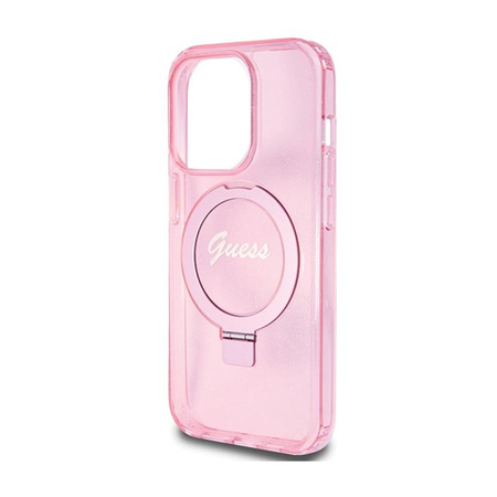 Guess Ring Stand Script Glitter MagSafe - Etui iPhone 15 Pro Max (różowy)