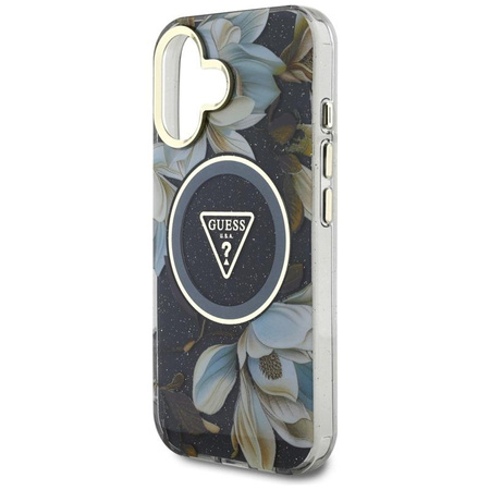 Guess Glitter Flowers Triangle Buttons MagSafe - Etui do iPhone 16 (czarny)