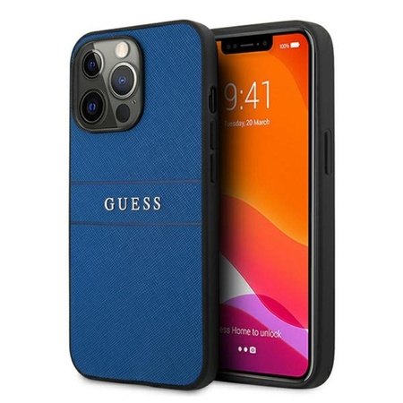 Guess Saffiano Metal Logo Stripes - Etui iPhone 13 Pro Max (niebieski)