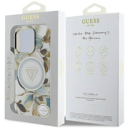 Guess Glitter Flowers Triangle Buttons MagSafe - Etui do iPhone 16 Pro (biały)