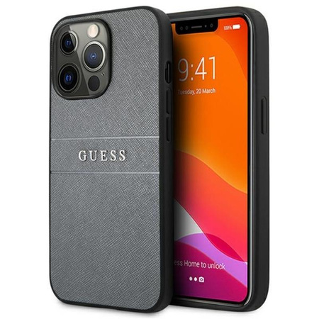Guess Saffiano Metal Logo Stripes - Etui iPhone 13 Pro Max (szary)
