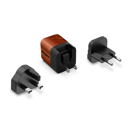Energizer Ultimate - Ładowarka sieciowa podróżna Multiplug EU / UK / US GaN USB-C 20W PD (Walnut burl)