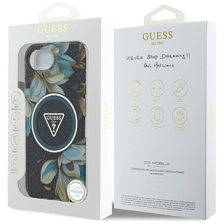 Guess IML Metal Glitter Flowers Triangle MagSafe - Etui do iPhone 16e (czarny)