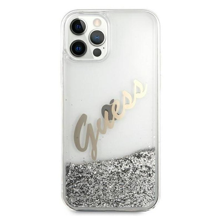 Guess Glitter Vintage Script - Etui iPhone 12 / iPhone 12 Pro (srebrny)