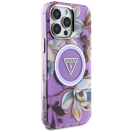 Guess Glitter Flowers Triangle Buttons MagSafe - Etui do iPhone 16 Pro (fioletowy)