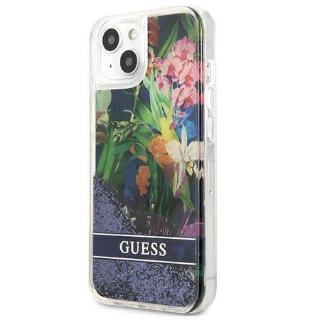 Guess Liquid Glitter Flower – Etui iPhone 13 mini (niebieski)