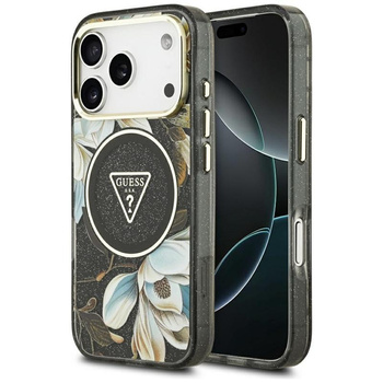 Guess IML Glitter Flowers Triangle MagSafe - Etui iPhone 17 Pro (czarny)