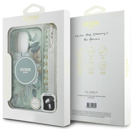Guess IML Flowers With Pearl Strap MagSafe - Etui iPhone 16 Pro (zielony)