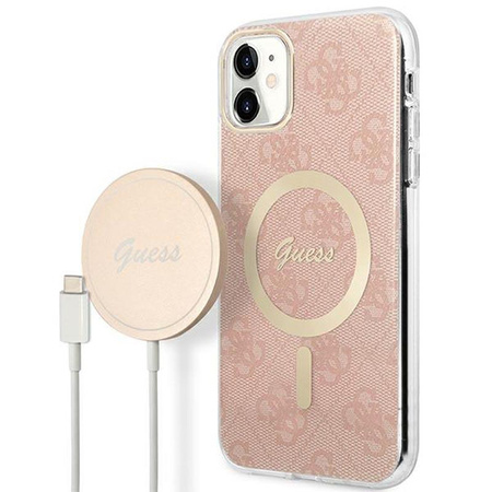 Guess Bundle Pack MagSafe 4G - Zestaw etui + ładowarka MagSafe iPhone 11 (różowy/złoty)