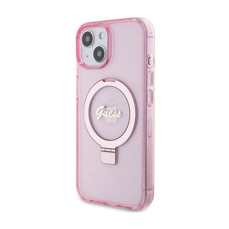 Guess Ring Stand Script Glitter MagSafe - Etui iPhone 15 Plus (różowy)