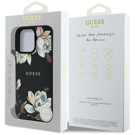 Guess Grained Printed Flower Pattern MagSafe - Etui do iPhone 16 Pro (czarny)
