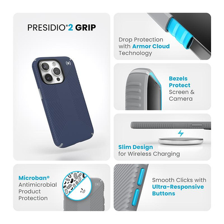 Speck Presidio2 Grip - Etui iPhone 15 Pro (Coastal Blue / Dust Grey / White)