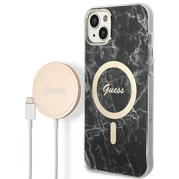 Guess Bundle Pack MagSafe IML Marble - Zestaw etui + ładowarka MagSafe iPhone 14 (czarny/złoty)
