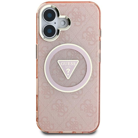 Guess IML Metal Glitter 4G Circle Triangle MagSafe - Etui do iPhone 16 (różowy)