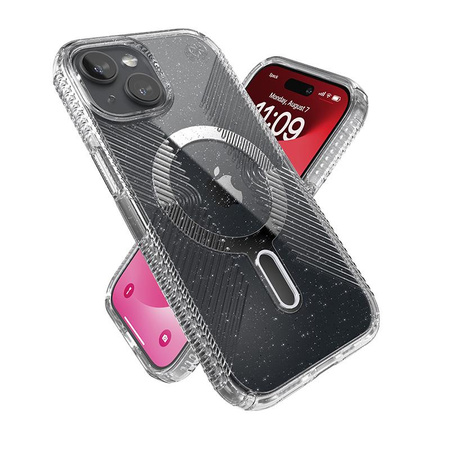 Speck Presidio Lux Grip ClickLock & MagSafe - Etui iPhone 16e / iPhone 15 / iPhone 14 / iPhone 13 (Clear / Platinium Glitter / Chrome Finish / Serene Silver)