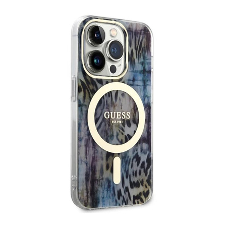Guess Leopard MagSafe - Etui iPhone 14 Pro (Niebieski)