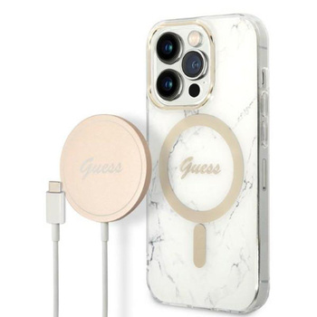 Guess Bundle Pack MagSafe IML Marble - Zestaw etui + ładowarka MagSafe iPhone 14 Pro Max (biały/złoty)