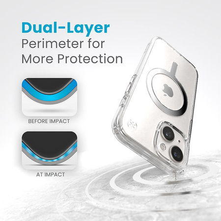 Speck Presidio Perfect-Clear MagSafe - Etui iPhone 16e / iPhone 15 / iPhone 14 / iPhone 13 (Clear / Chrome Finish / Serene Silver)