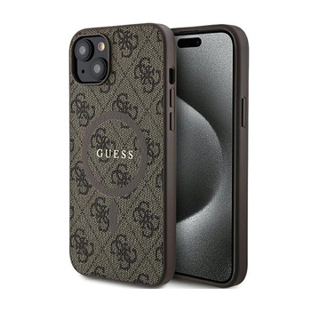 Guess 4G Collection Leather Metal Logo MagSafe - Etui iPhone 15 / 14 / 13 (brązowy)