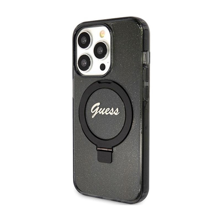 Guess Ring Stand Script Glitter MagSafe - Etui iPhone 15 Pro Max (czarny)