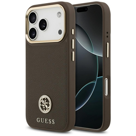 Guess Grained Strass Logo MagSafe - Etui iPhone 17 Pro (brązowy)