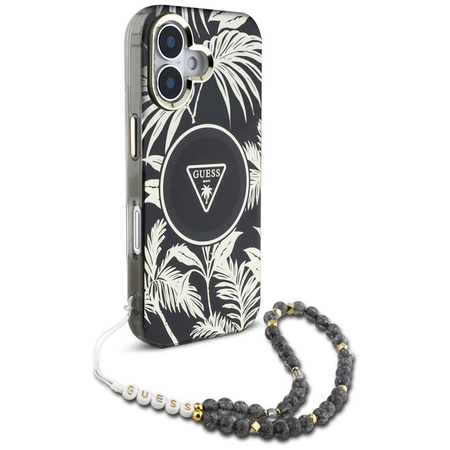 Guess Palm Trees Triangle Pearl Strap MagSafe - Etui do iPhone 16 (czarny)