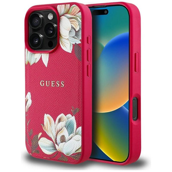 Guess Grained Printed Flower Pattern MagSafe - Etui do iPhone 16 Pro (fuksja)