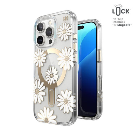 Speck Presidio Lux ClickLock & MagSafe - Etui iPhone 16 Pro (Sunshine Daisies / Clear / Gold)