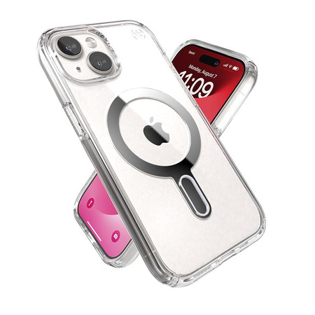 Speck Presidio Perfect-Clear ClickLock & MagSafe - Etui iPhone 16e / iPhone 15 / iPhone 14 / iPhone 13 (Clear / Chrome Finish / Serene Silver)