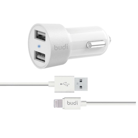 Budi - Ładowarka samochodowa 2x USB, 24W + kabel Lightning 1,2 m (Biały)